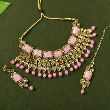 Mominos Fashion Johar Kamal Gold-Polished Brass Finish Kundan/Stone Choker For Women (Baby Pink)