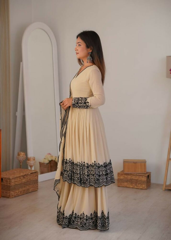 Teeya Creation Cream Color Faux Georgette Embrodiery Work Party Wear Sharara set - Distacart