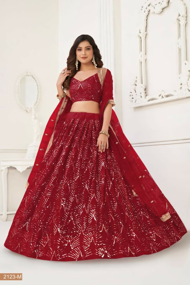 Aastha Fashion Maroon Butterfly Net Tone To Tone Thread Work, Sequence Work And Original Mirror Work Embroidery Wedding Wear Lehenga Choli