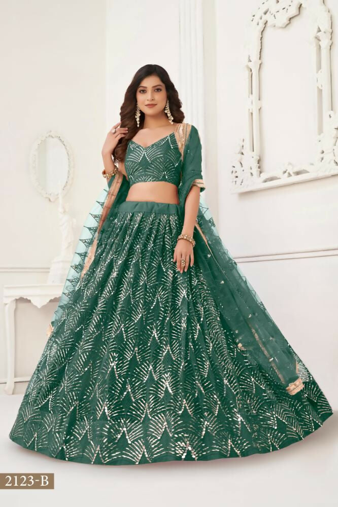 Aastha Fashion Bottle Green Butterfly Net Tone To Tone Thread Work, Sequence Work And Original Mirror Work Embroidery Wedding Wear Lehenga Choli