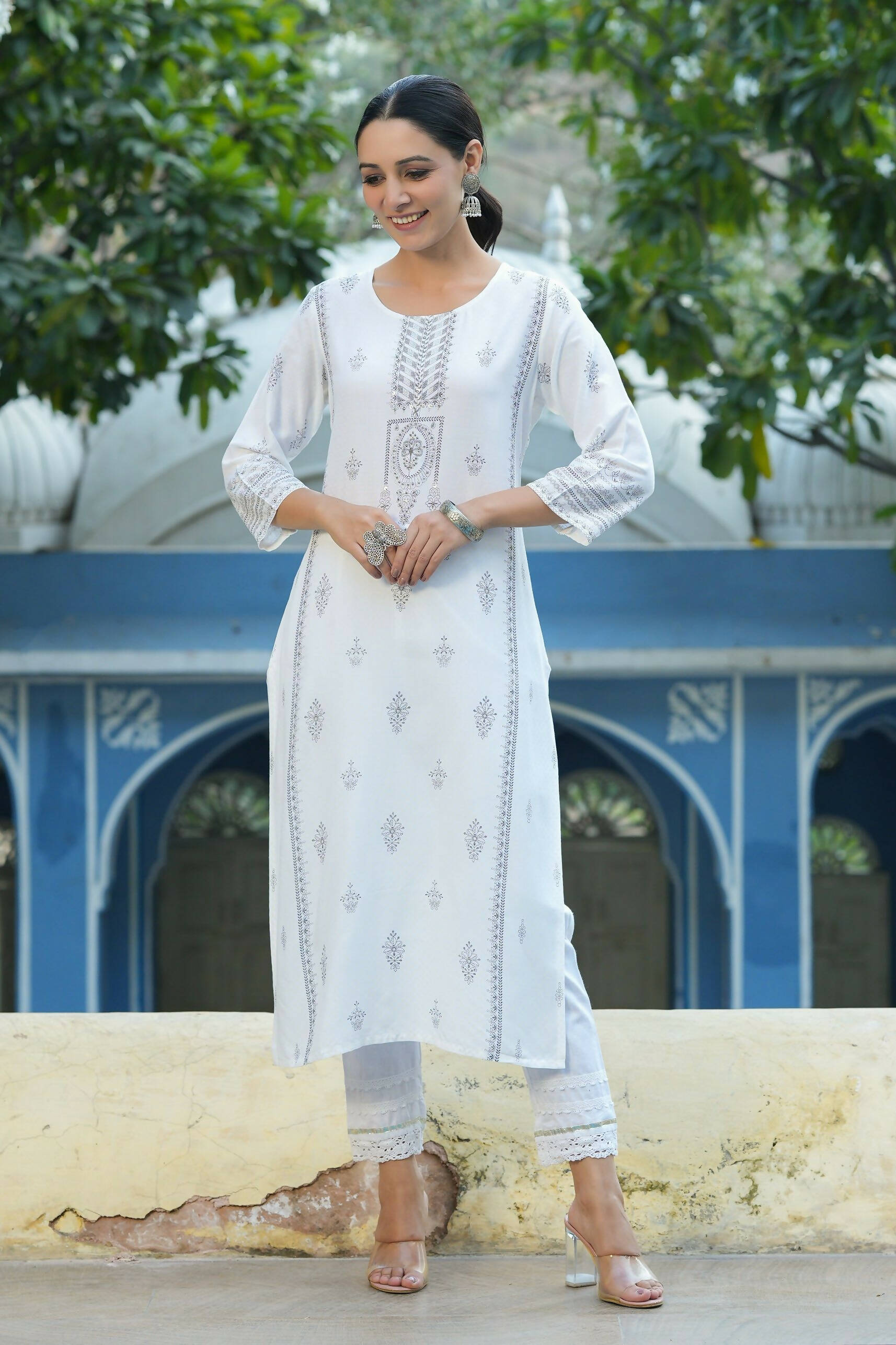 Juniper Women's White Rayon Placement Printed Straight Kurta - Distacart