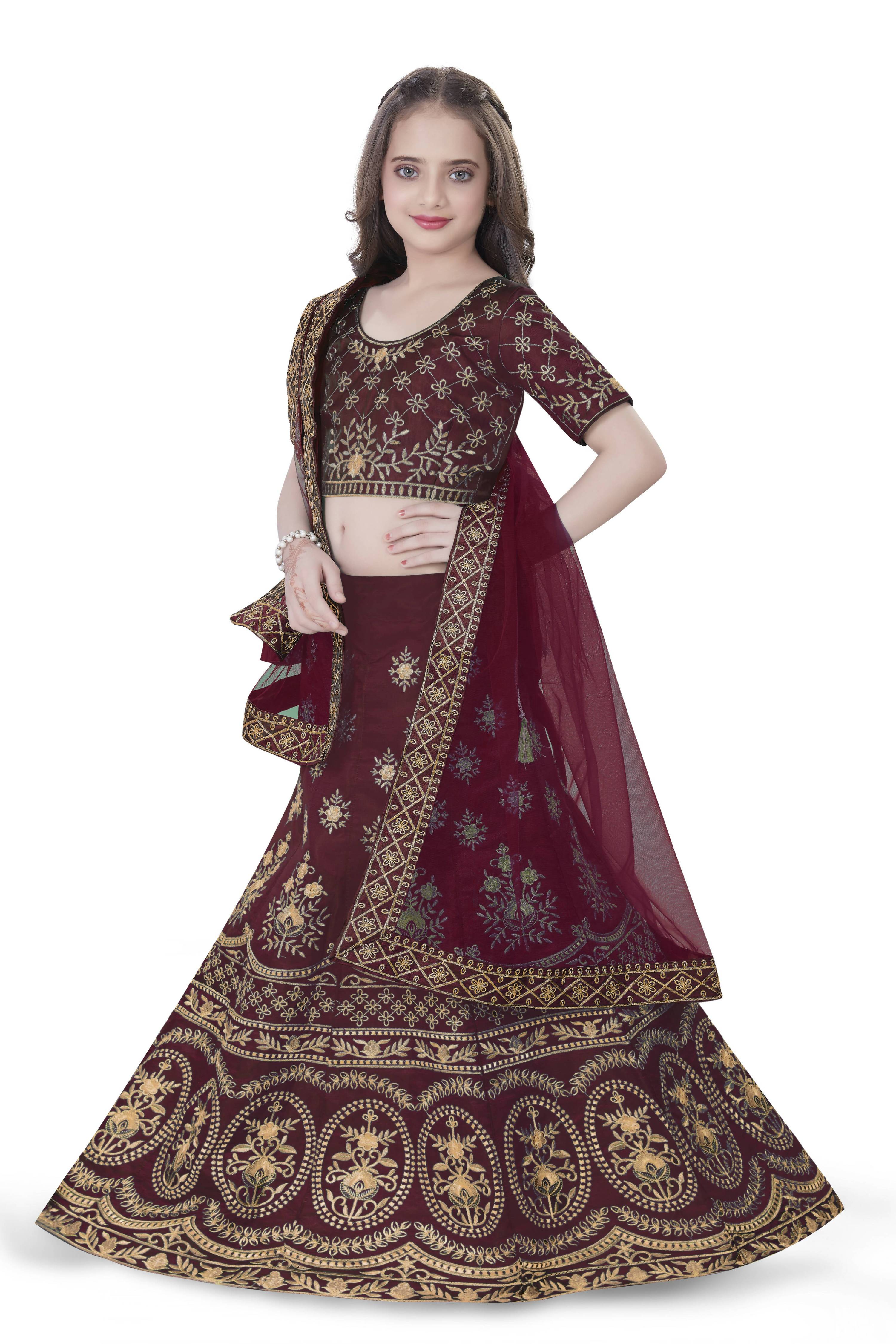 Dwiden Maroon Lehriyu Tafetta Sattin Semi-Stitched Girl's Lehenga Choli