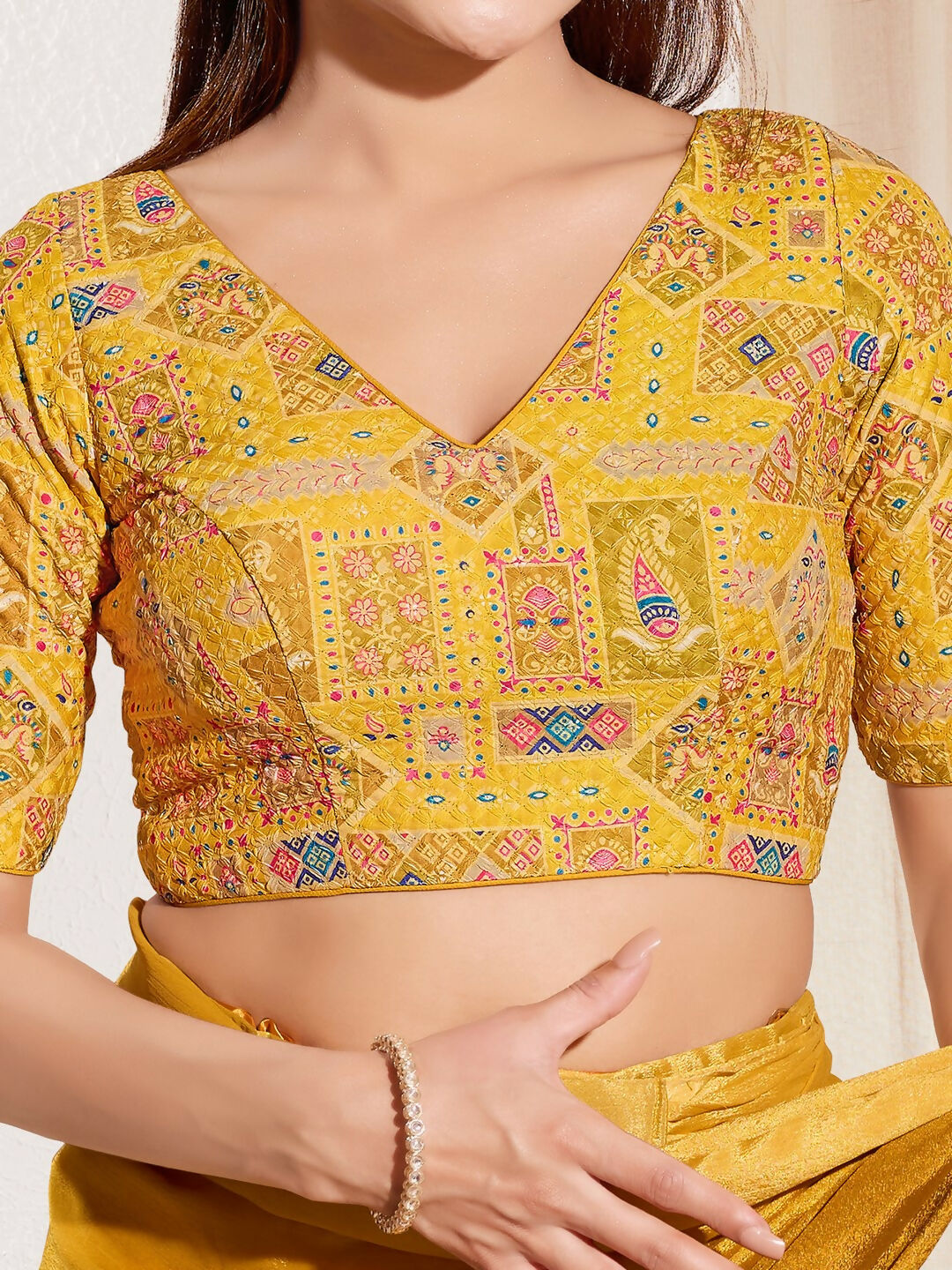 Joban Fashion Yellow Viscose Rayon Padded Blouse With V Neck Elbow Sleeves - Distacart