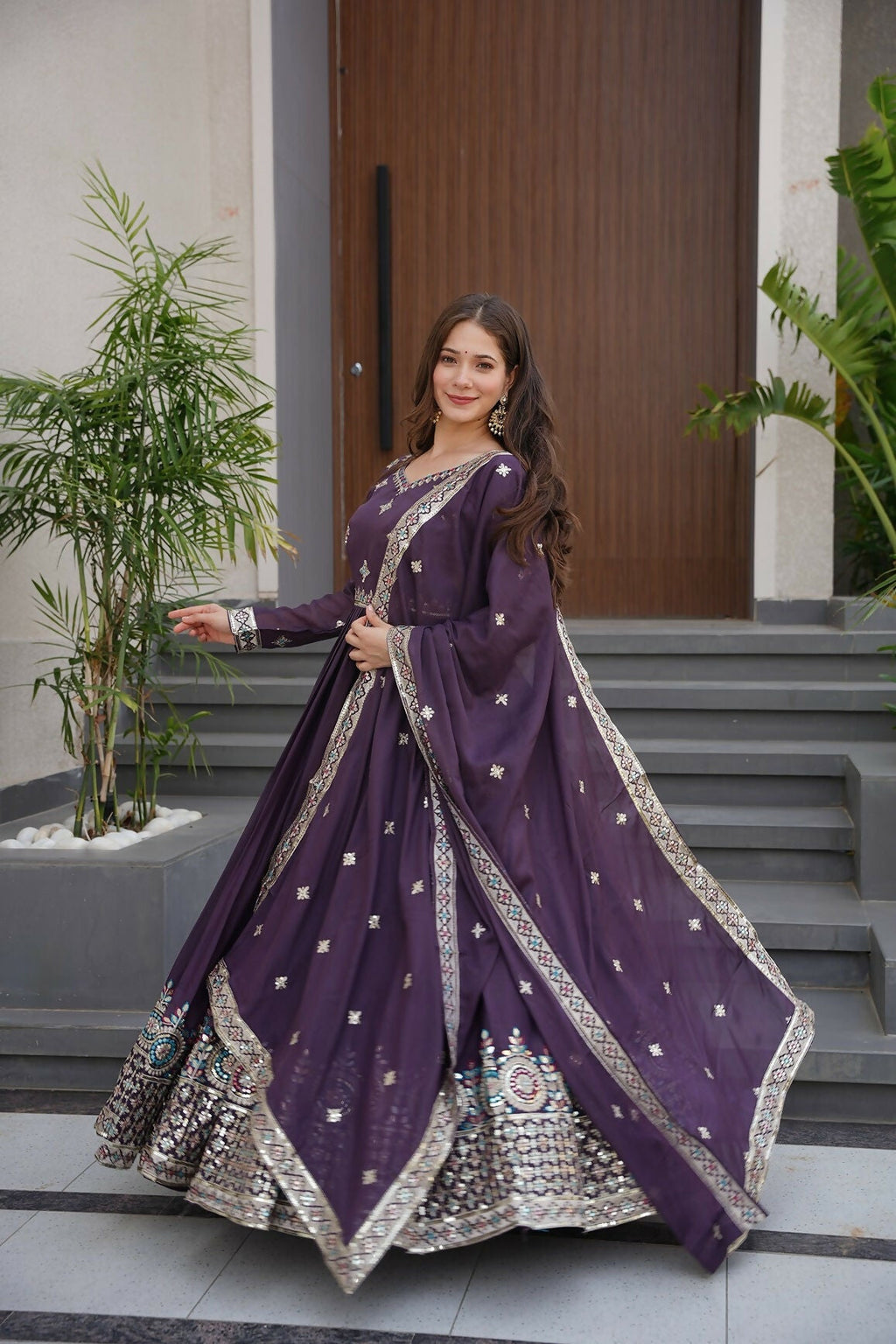 Teeya Creation Violet Color Pure Diamond Silk Wedding Wear Long Gown - Distacart