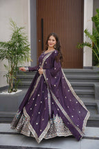 Teeya Creation Violet Color Pure Diamond Silk Wedding Wear Long Gown - Distacart