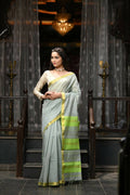 Very Much Indian VMI Exclusive Designer! Handloom Cotton Silk Saree With Sleek Golden Border - Sage Grey