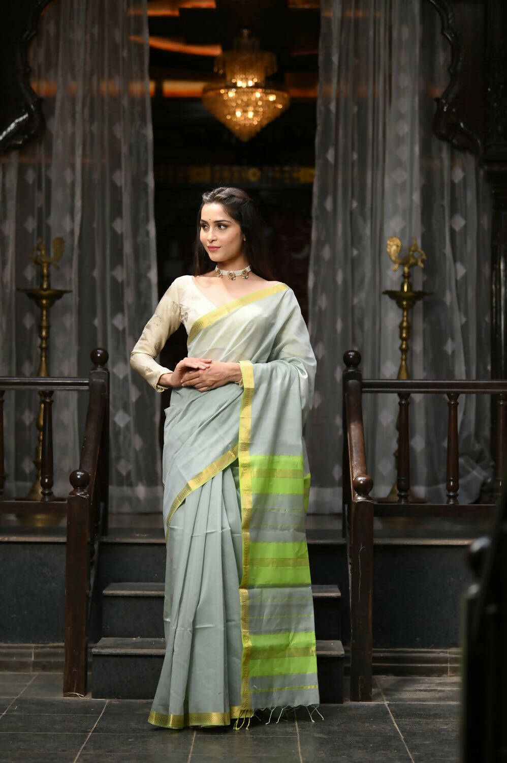 Very Much Indian VMI Exclusive Designer! Handloom Cotton Silk Saree With Sleek Golden Border - Sage Grey