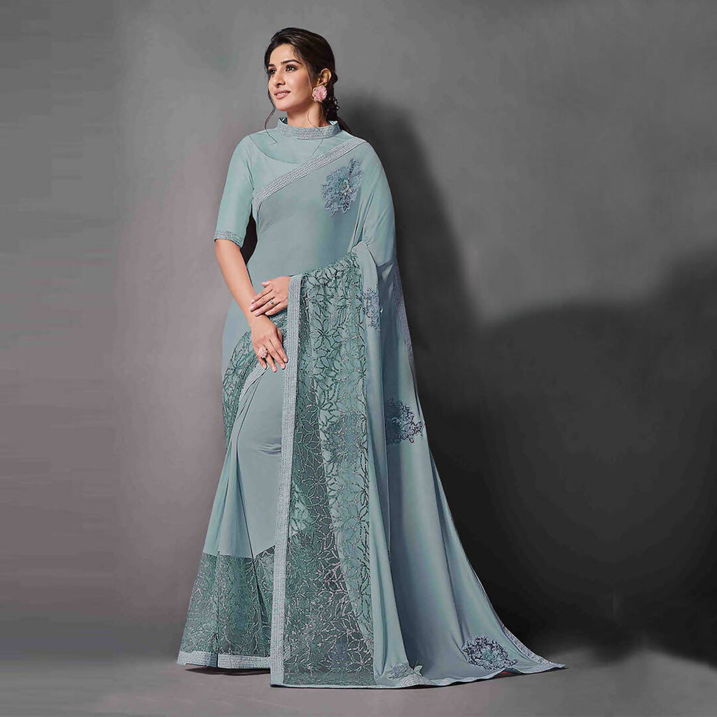 Teal Lycra Raw Silk Sequins Embroidery, Applique Work Saree - Norita Eileen