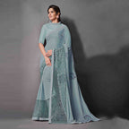 Teal Lycra Raw Silk Sequins Embroidery, Applique Work Saree - Norita Eileen