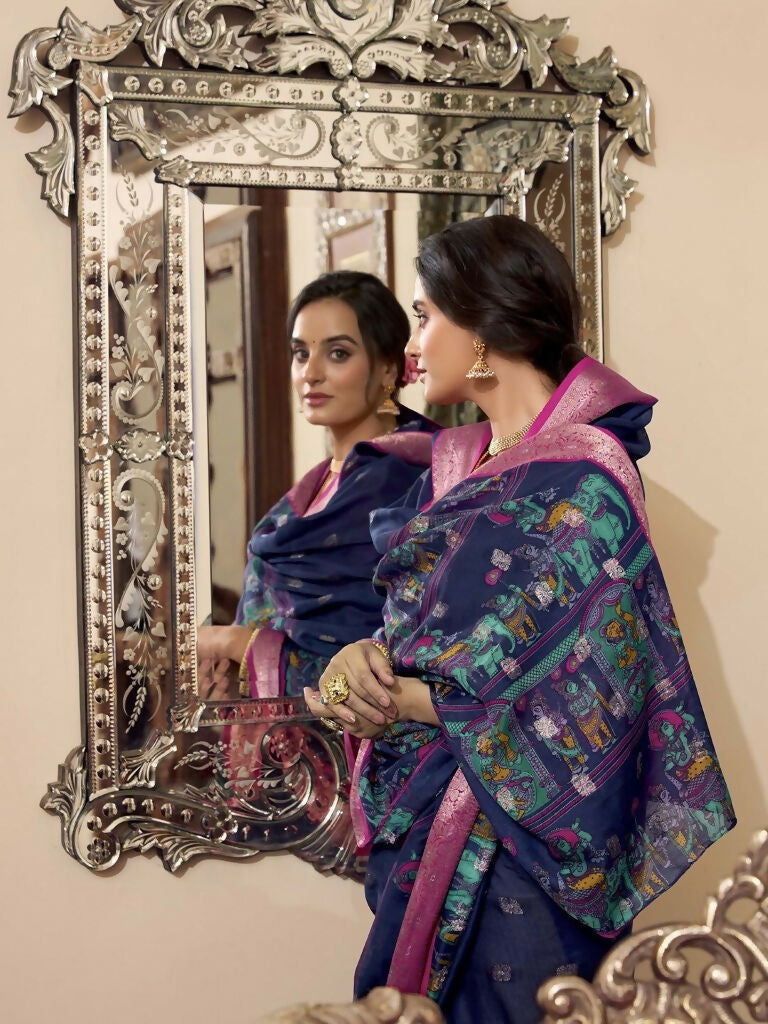 Vastranavya Navy Blue Poly Cotton Kalamkari Printed Saree with Unstitched Blouse