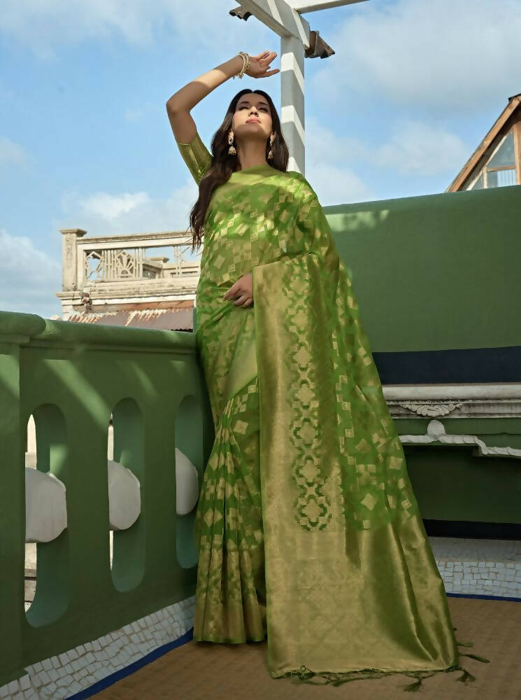 Glamorous Designer Parrot Green Color Organza Silk Saree With Weaving Work - Yomika Fashions