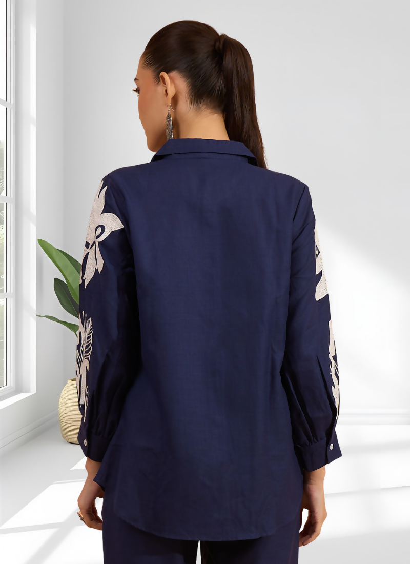 Joban Fashion Navy Blue Cotton, Linen Embroidered Readymade Cord Set - Distacart