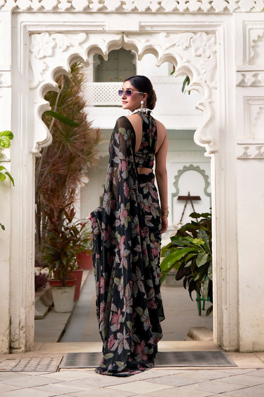 Vastranavya Black Lurex Brasso Floral Printed Saree with Unstitched Blouse - Distacart
