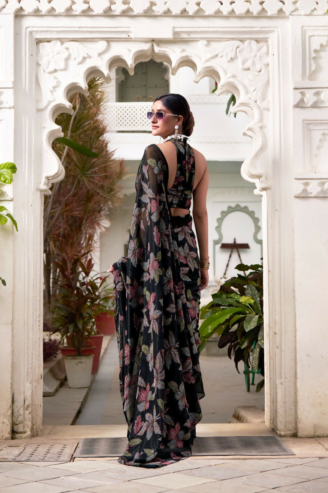 Vastranavya Black Lurex Brasso Floral Printed Saree with Unstitched Blouse - Distacart