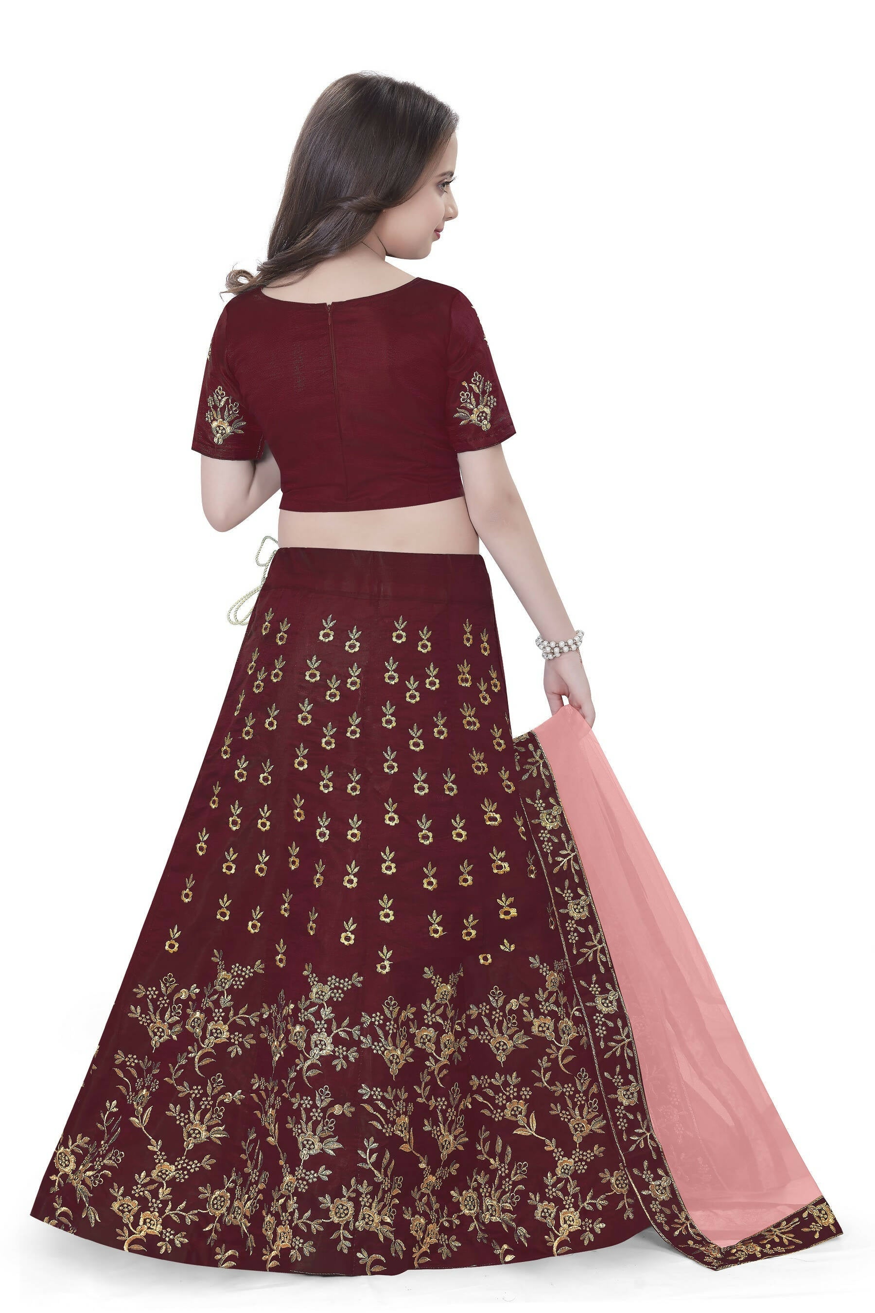 Dwiden Maroon Baby Doll Tafetta Sattin Semi-Stitched Girl's Lehenga Choli