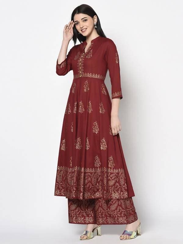 Aniyah Rayon Maroon Block Print Anarkali Palazzo Set (AN-212K)