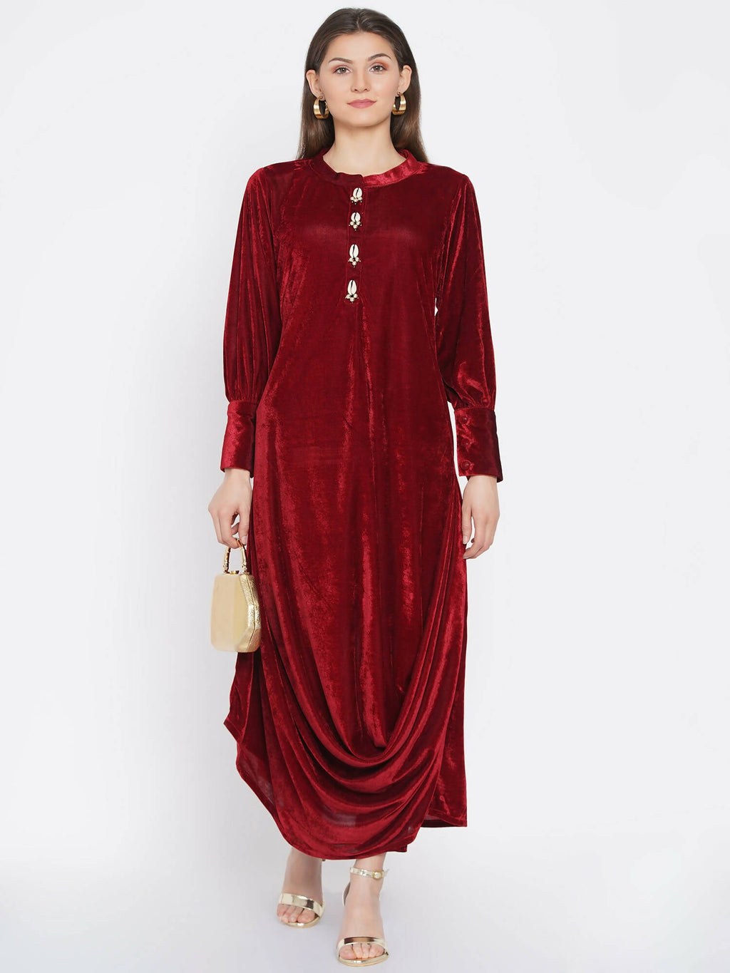Women Republic Maroon Velvet Cowl Style Kurta With Pants - Distacart