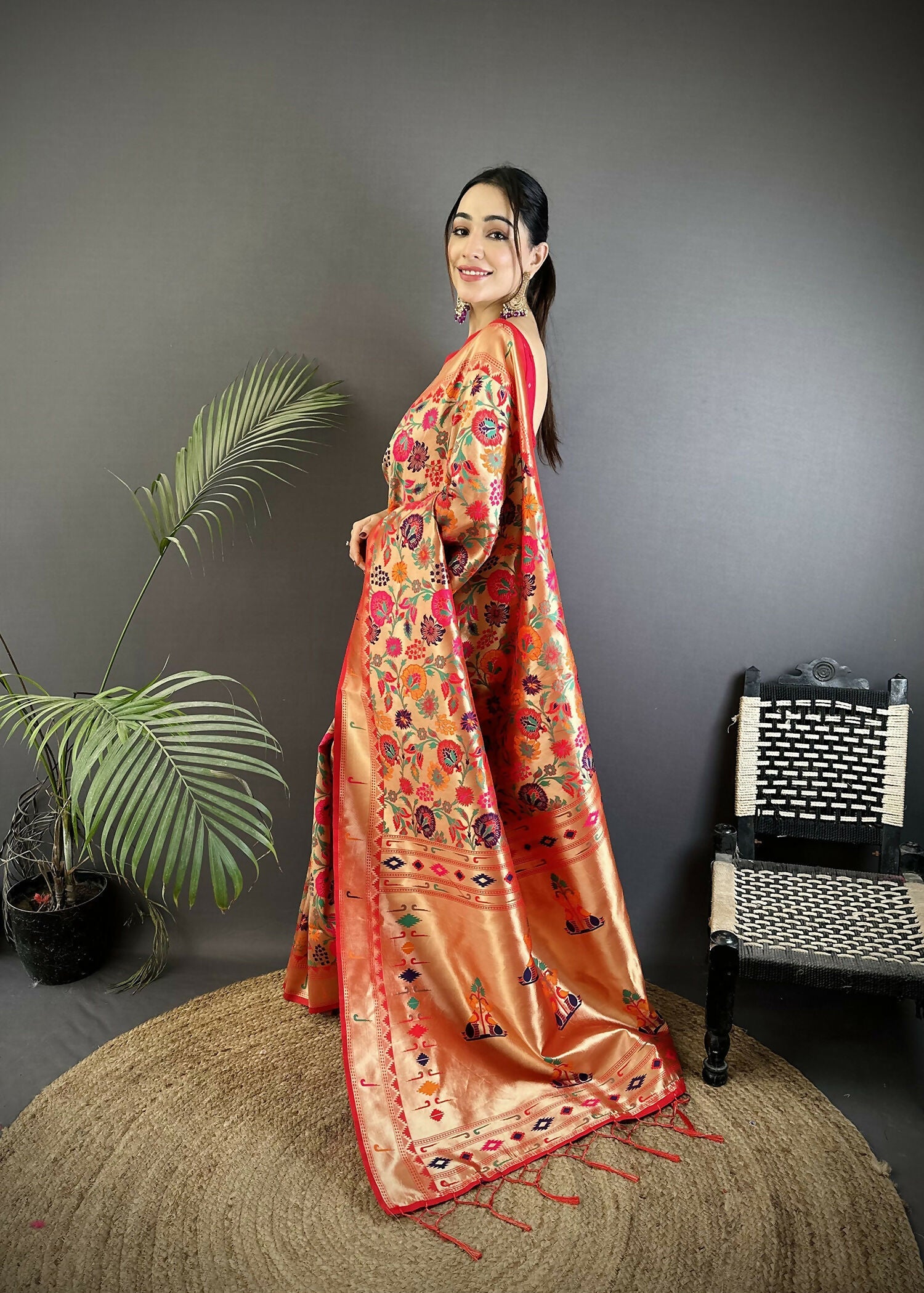 Joban Fashion Orange Floral & Potentially Peacock Soft Silk Paithani Saree - Distacart
