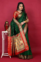 Jyoti Fashion Women's Bottle Green Paithani Silk Zari Woven Saree with Blouse