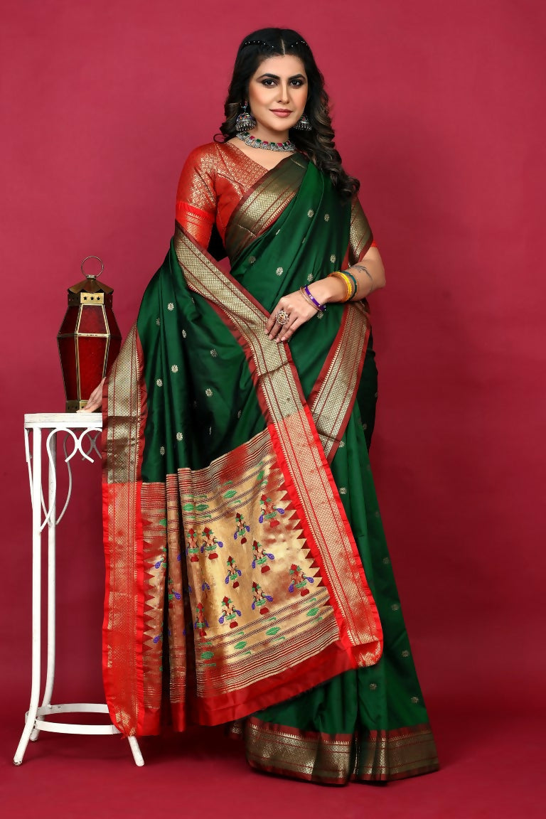 Jyoti Fashion Women's Bottle Green Paithani Silk Zari Woven Saree with Blouse