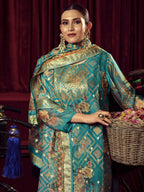 Jyoti Fashion Women's Turquiose Organza Jacquard Woven Kurta with Trouser & Dupatta