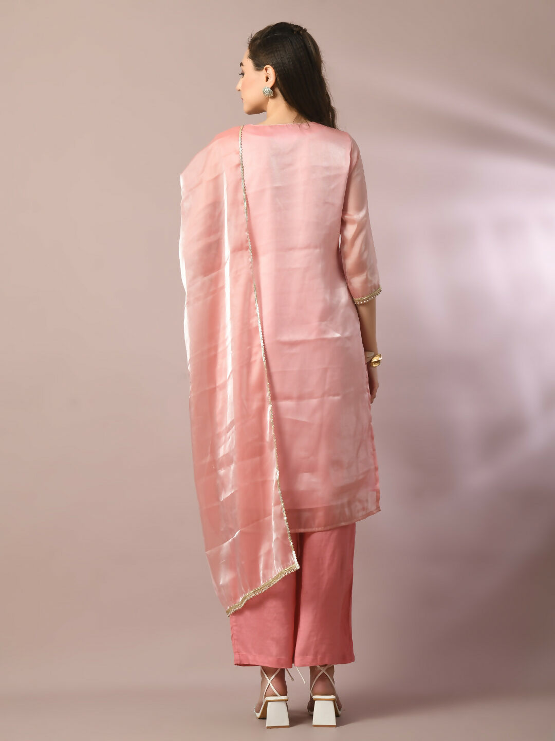 Myshka Women's Pink Solid Straight Party Kurta Set With Dupatta