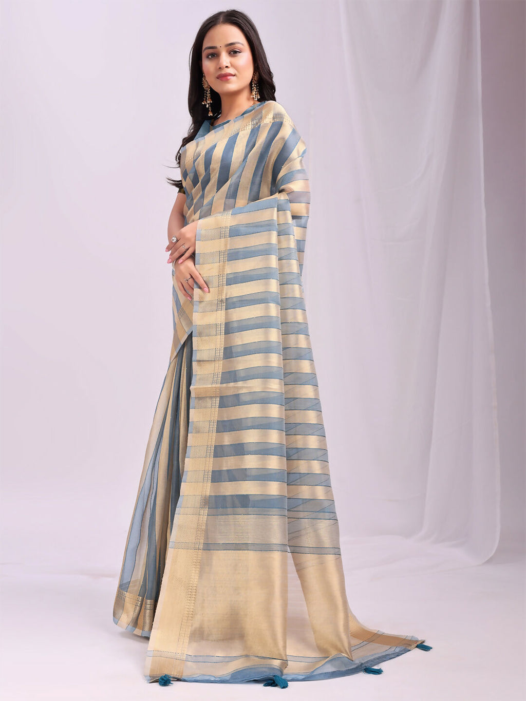 Shree Shyam Fashion Organza Sky Blue Saree - Distacart