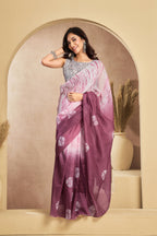Vastranavya White Onion Digital Printed Linen Ready To Wear Designer Saree with Unstitched Blouse - Distacart