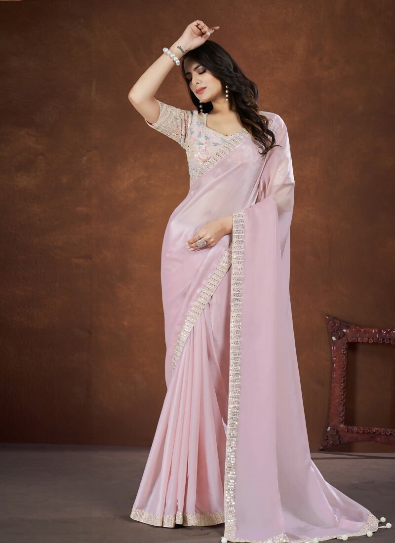 Baby Pink Crepe Satin Silk Embroidered Saree with stitched Blouse - Mohmanthan Saha Saki
