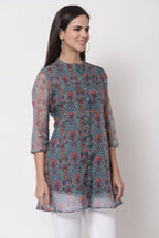 Myshka Women's Beautiful Organza Printed Printed 3/4 Sleeve Round Neck Casual Multicolor Tunic