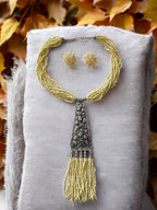 Inhanns Day-To-Dinner Tie Shaped Oxidized Black Metal Multi-Layered Long Necklace Set - Cream