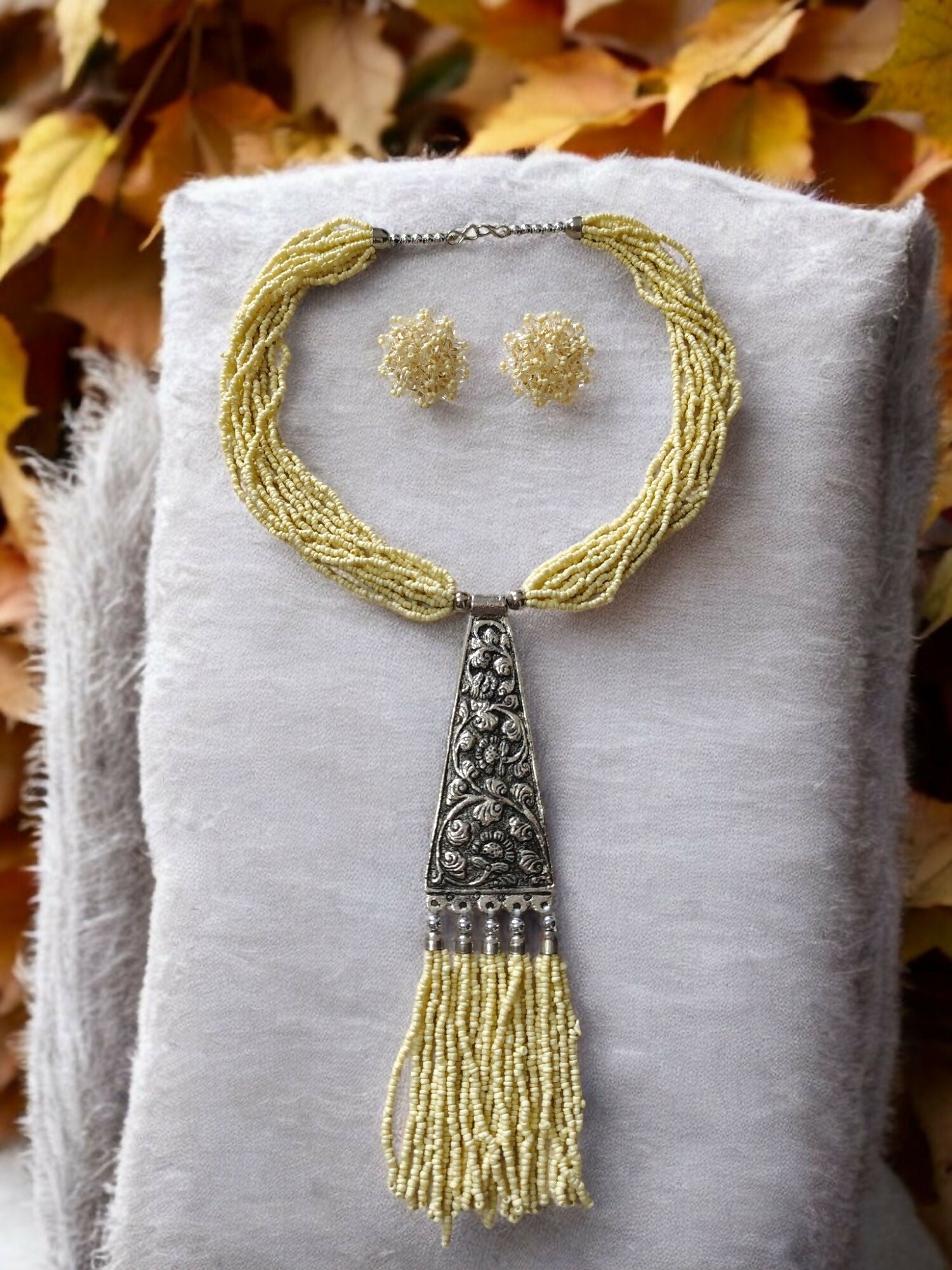 Inhanns Day-To-Dinner Tie Shaped Oxidized Black Metal Multi-Layered Long Necklace Set - Cream