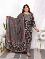 Miravan Women's Plus Size Multi Colour Floral Printed Embroidery Yoke Design Kurta with Palazzo And Dupatta Set