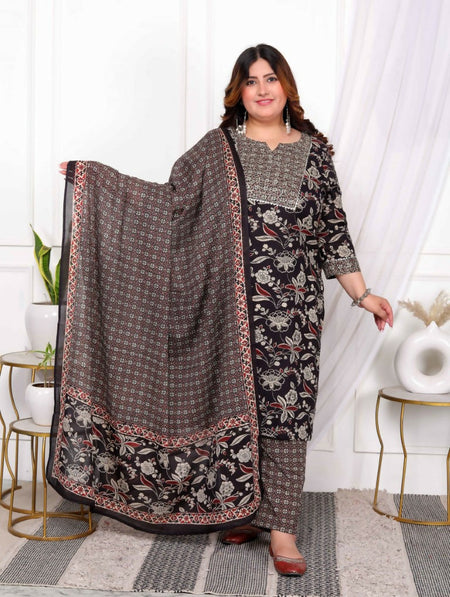 Miravan Women's Plus Size Multi Colour Floral Printed Embroidery Yoke Design Kurta with Palazzo And Dupatta Set