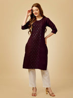 Jyoti Fashion Women's Wine Cotton Blend Embroidered Kurta Pant Set