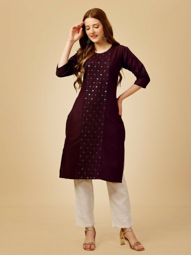 Jyoti Fashion Women's Wine Cotton Blend Embroidered Kurta Pant Set