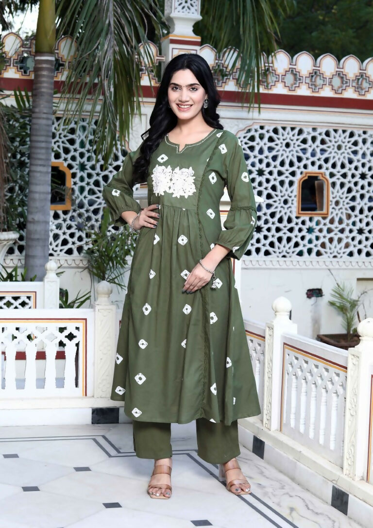 Miravan Women's Moti And Chikan Embroidered Bandhani Printed A-Line Mehandi Kurta Palazzo Set