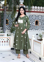 Miravan Women's Moti And Chikan Embroidered Bandhani Printed A-Line Mehandi Kurta Palazzo Set