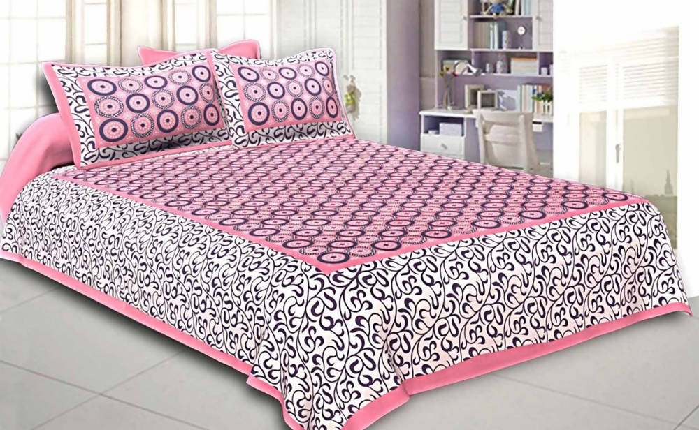 Vamika Printed Cotton Pink & Multicolor Latest Design Bedsheet With Pillow Covers (LEOC_CHKR_P)