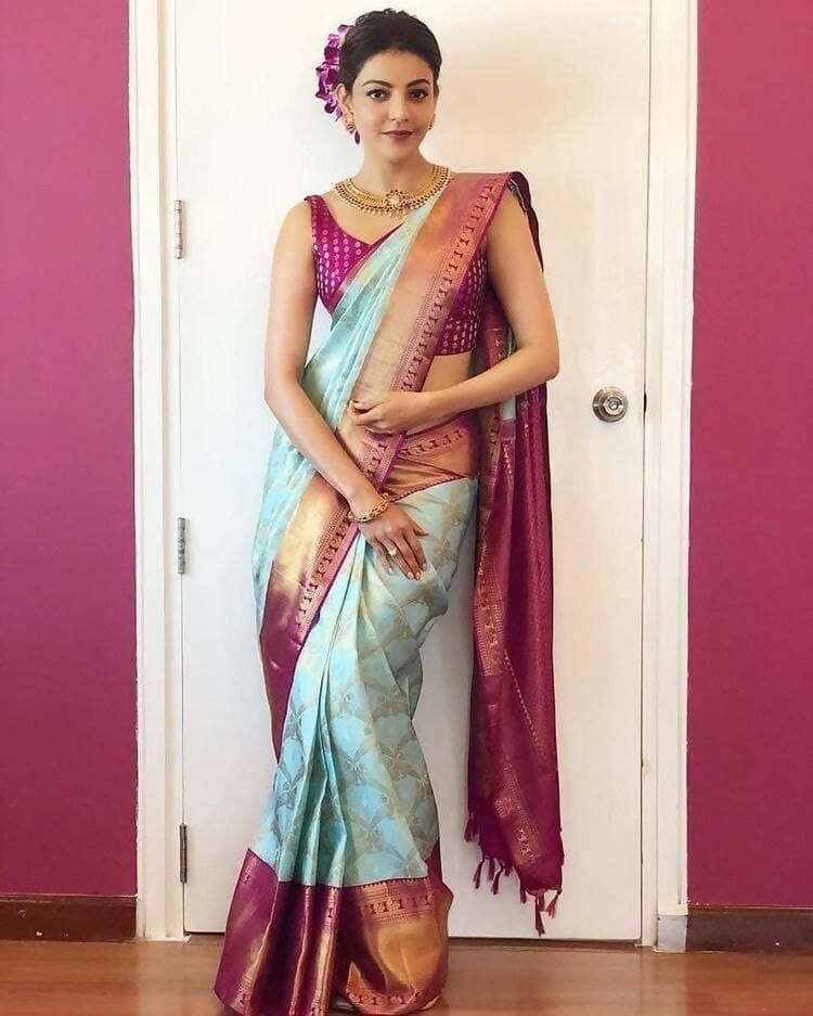 DEIANA'S Beautiful Designer Golden zari Soft Lichi Silk Saree - Sky