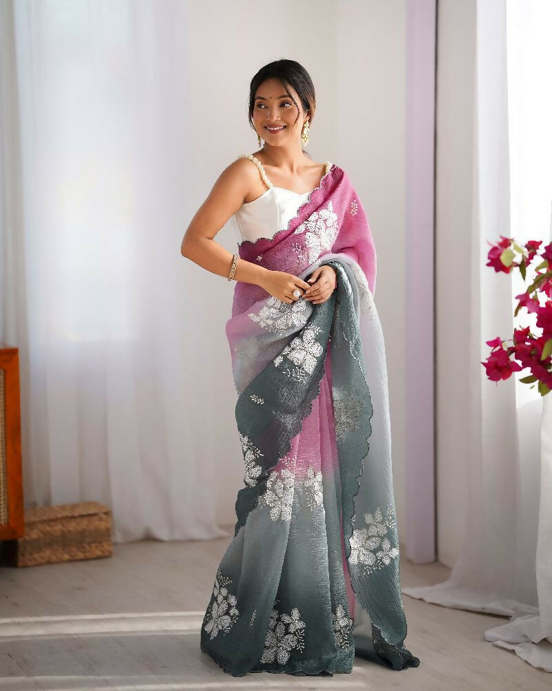 Wine and Green Crunchy Crush Pedding Color Embroidery Work Party Wear Saree - Zuleika