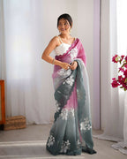 Wine and Green Crunchy Crush Pedding Color Embroidery Work Party Wear Saree - Zuleika