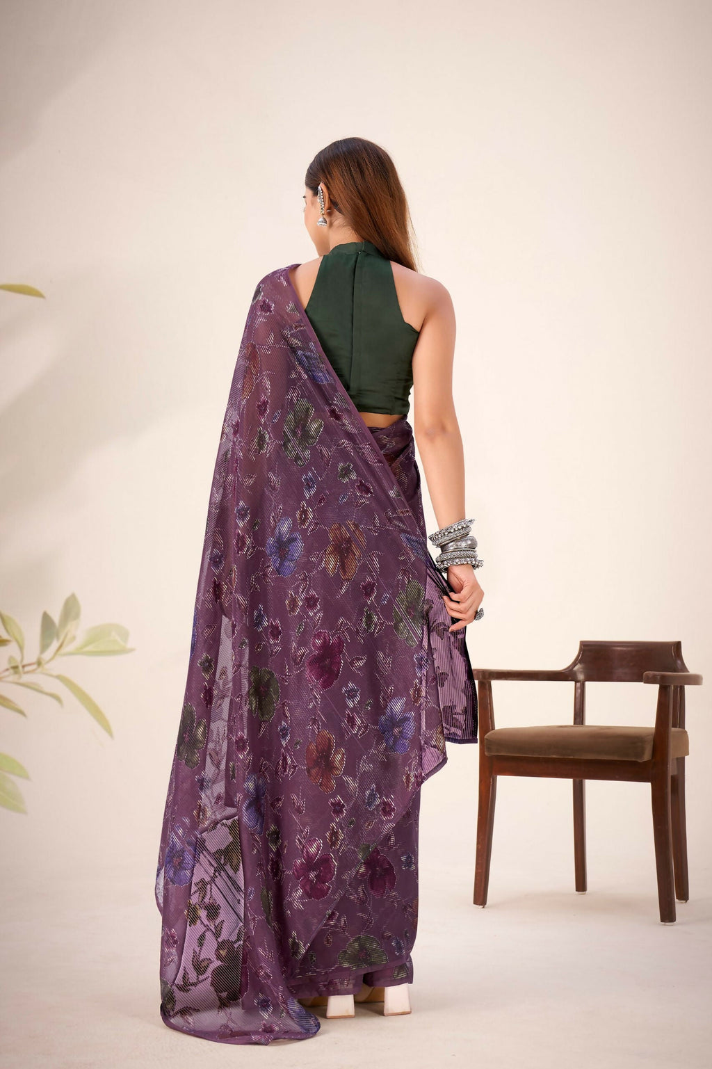 Vastranavya Wine Lurex Brasso Floral Printed Saree with Unstitched Blouse - Distacart