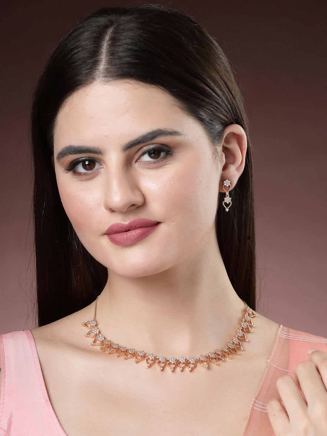 NVR Women's Gold-Polished American Diamond-Studded Handcrafted Jewellery Set