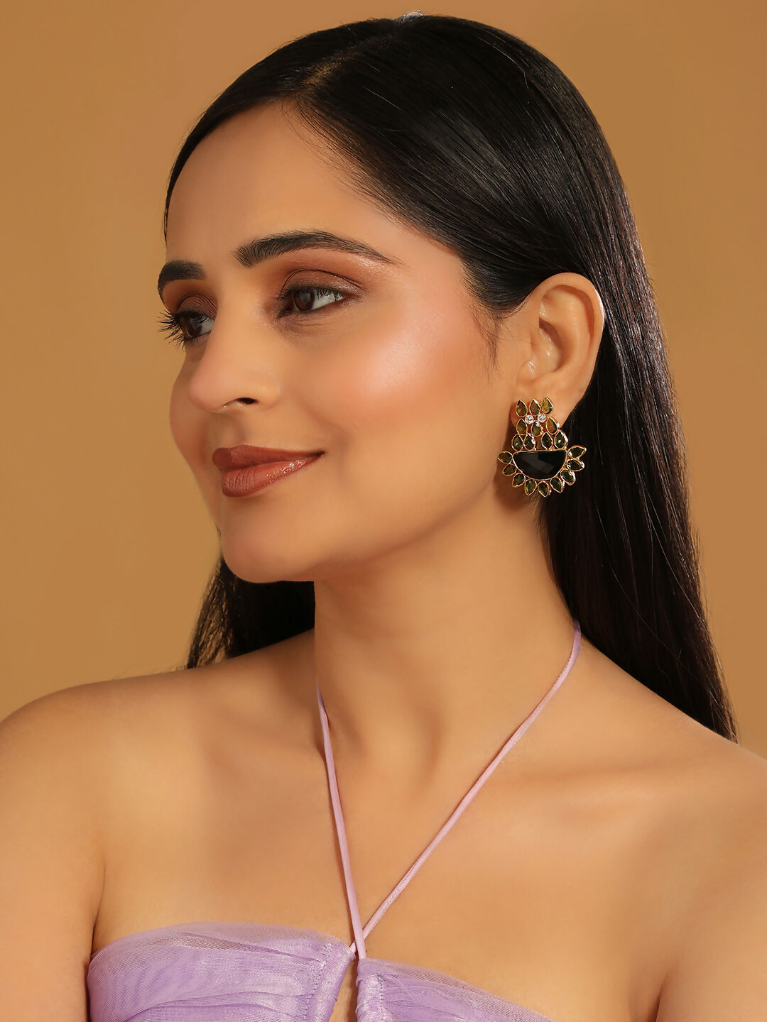 Nuyug 22K Gold Plated Dark Crystal Studded Contemporary Floral Shaped Stud Earrings - Distacart
