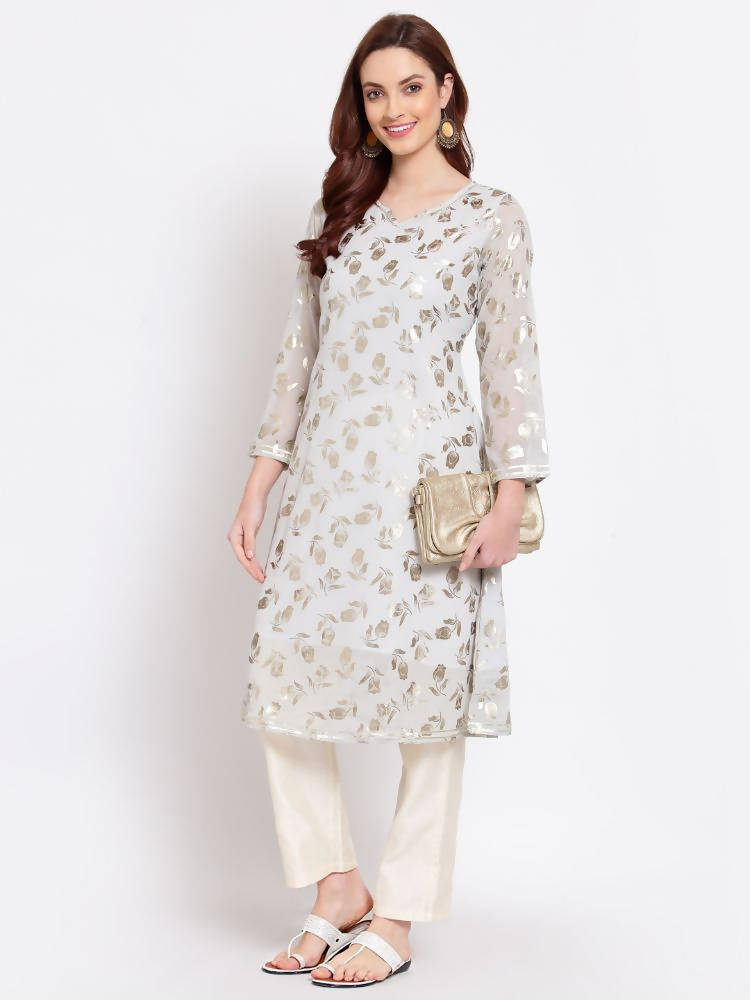 Myshka Women's Grey Printed Georgette 3/4 Sleeve Round Neck Casual Kurta