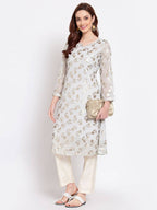 Myshka Women's Grey Printed Georgette 3/4 Sleeve Round Neck Casual Kurta