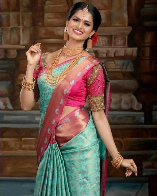 DEIANA'S Beautiful Designer Golden zari Soft Lichi Silk Saree - Sky
