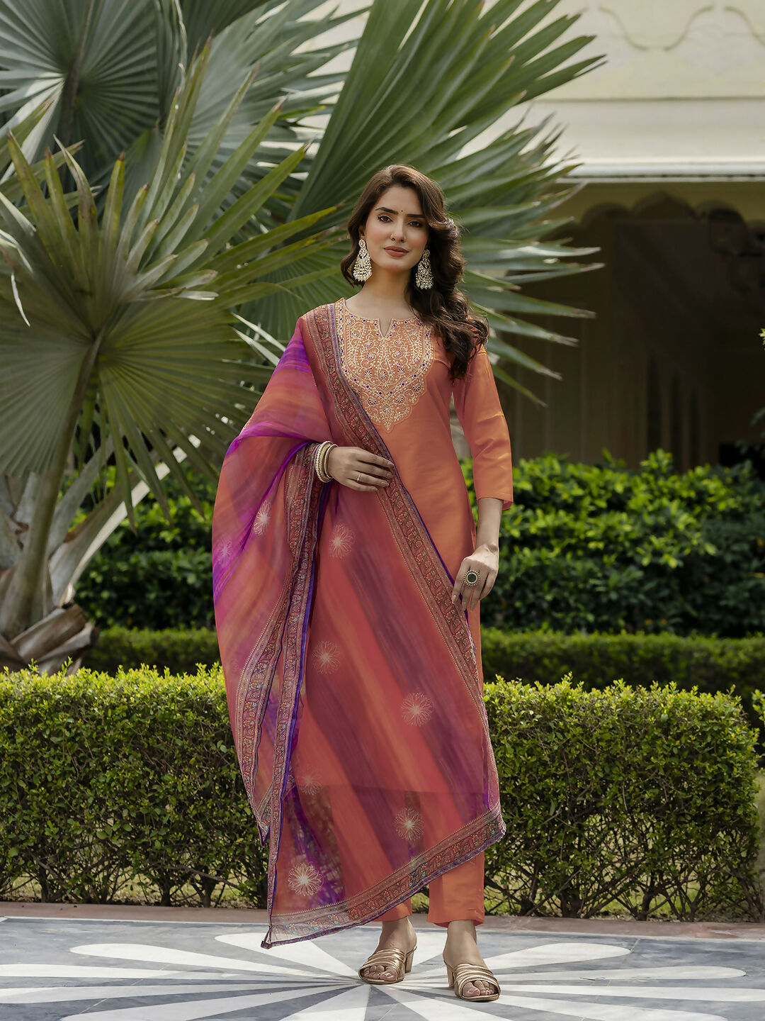 The52 Orange Women's Gorgeous Embroidered Rayon Fabric with Straight Kurta, Pant and Dupatta Set - Distacart