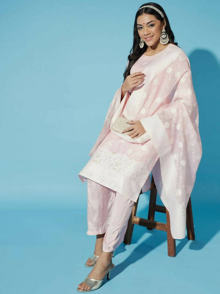 Myshka Women Pink Embroidered Kurta & Trousers With Dupatta